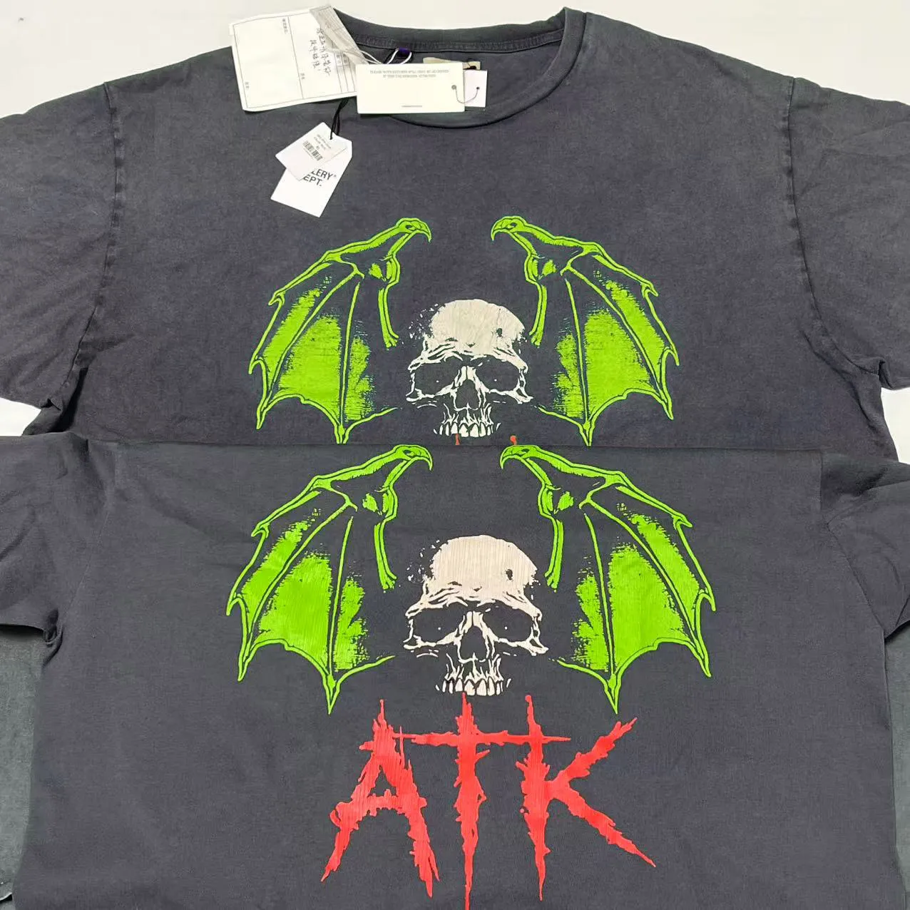 Authentic proofing GALLERY DEPT. ATK NIGHT TEE/WALK ATK series latest model Bat skull glitter LOGO distressed TEE Washed black S-XL Garment dyeing Rewashed distressed Original consistent main mark ➕ATK series main mark Correct version Top printing technology Divine restoration